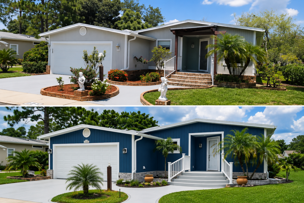 New dark blue with white accents siding and hand rails in Del Tura Mobile Home Park, North Fort Myers Florida